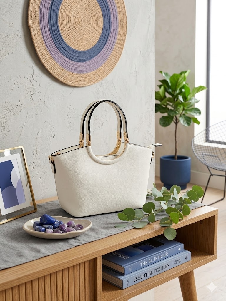 bolso blanco con asas doradas
